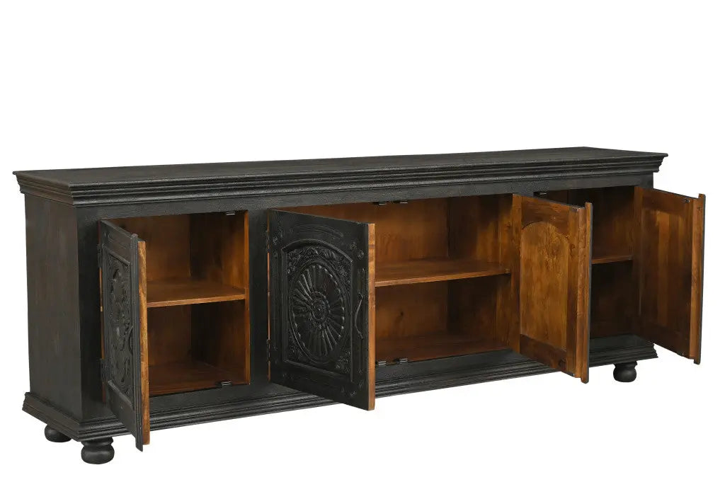 102" Black Distressed Solid Wood Carved Floral Sideboard With Four Doors Homeroots Kitchen & Dining