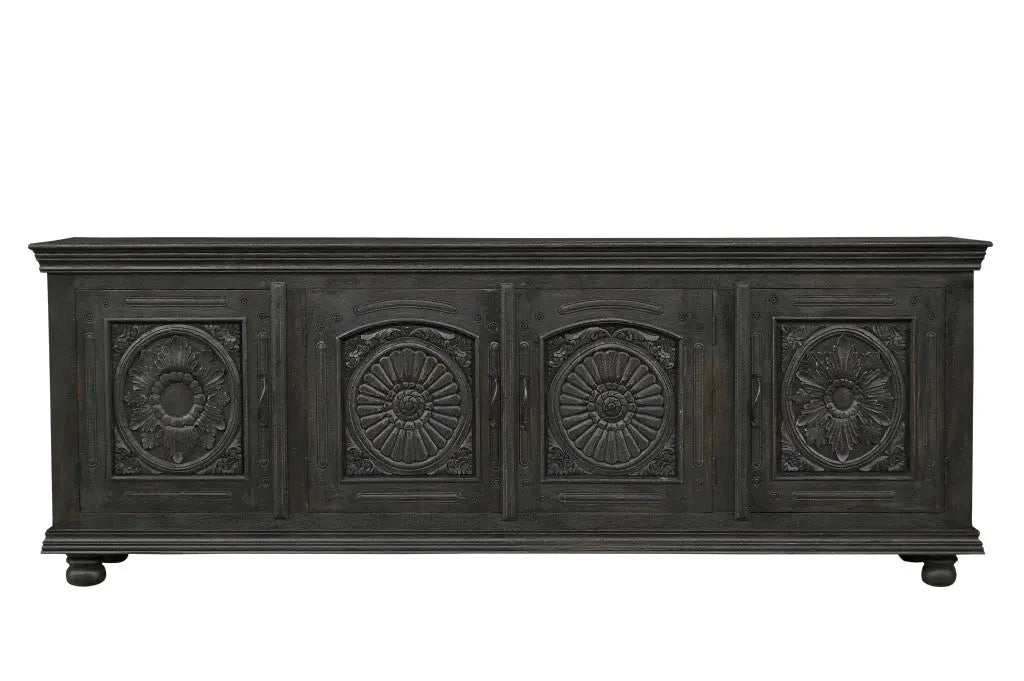 102" Black Distressed Solid Wood Carved Floral Sideboard With Four Doors Homeroots Kitchen & Dining