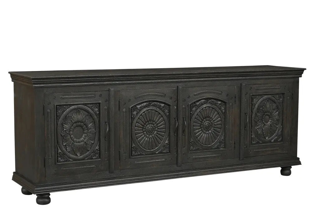 102" Black Distressed Solid Wood Carved Floral Sideboard With Four Doors Homeroots Kitchen & Dining