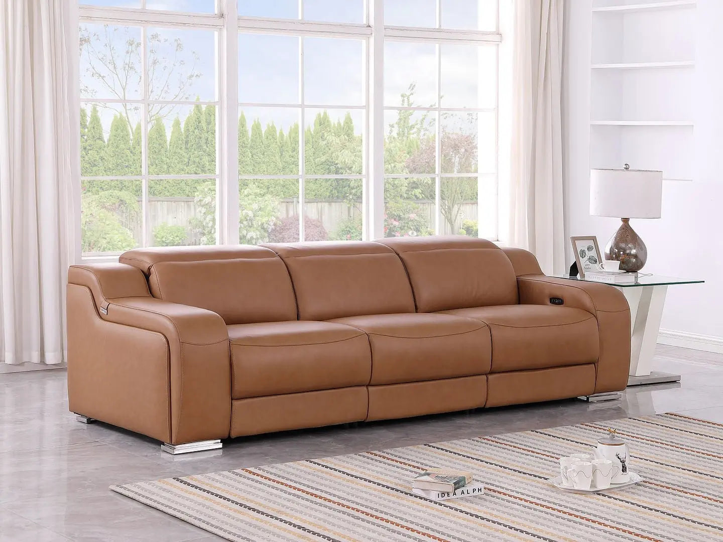 103" Chestnut Italian Leather Reclining USB Sofa Homeroots Living Room