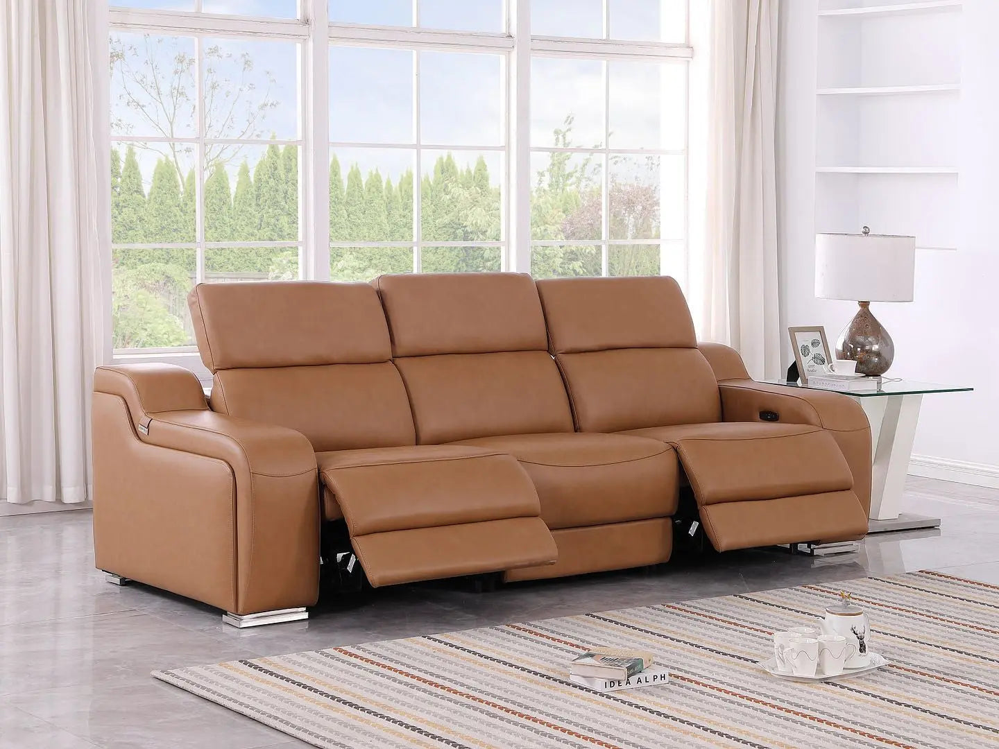 103" Chestnut Italian Leather Reclining USB Sofa Homeroots Living Room