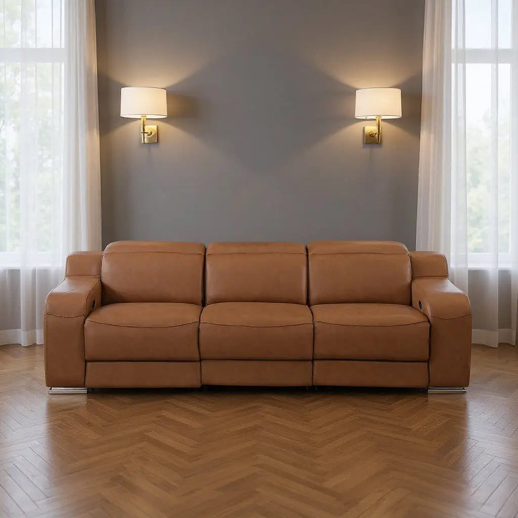 103" Chestnut Italian Leather Reclining USB Sofa Homeroots Living Room
