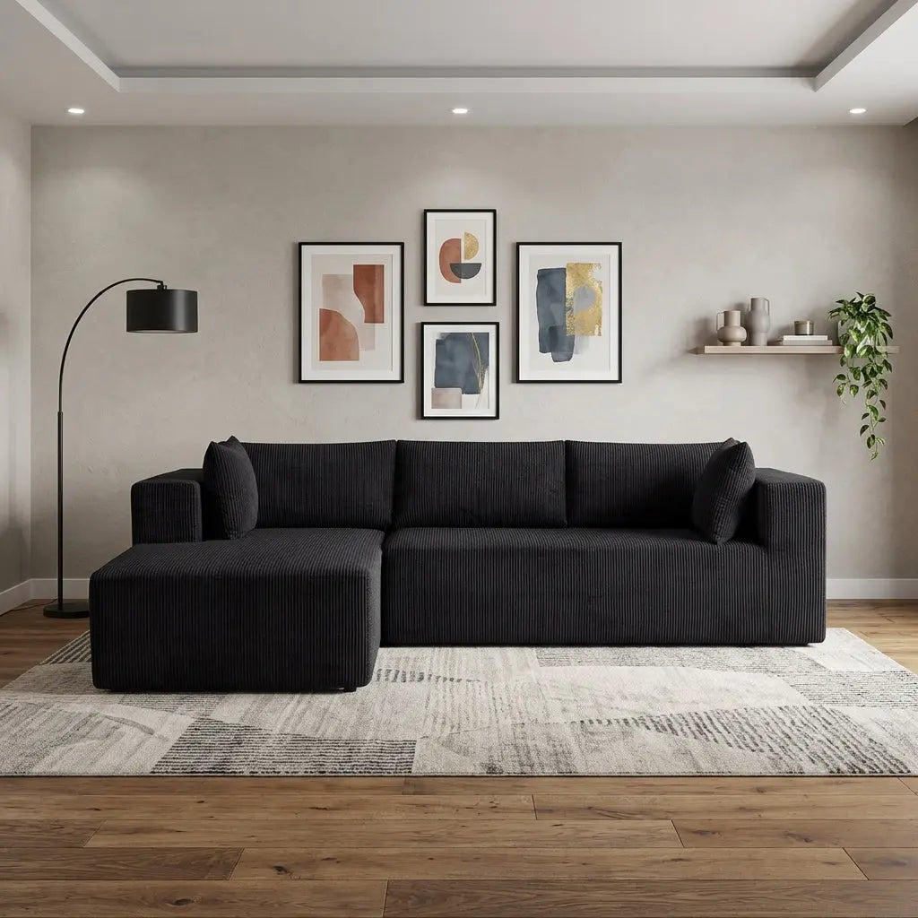 105" Black Corduroy Modular Left Chaise Style Sofa With Toss Pillows Homeroots Living Room