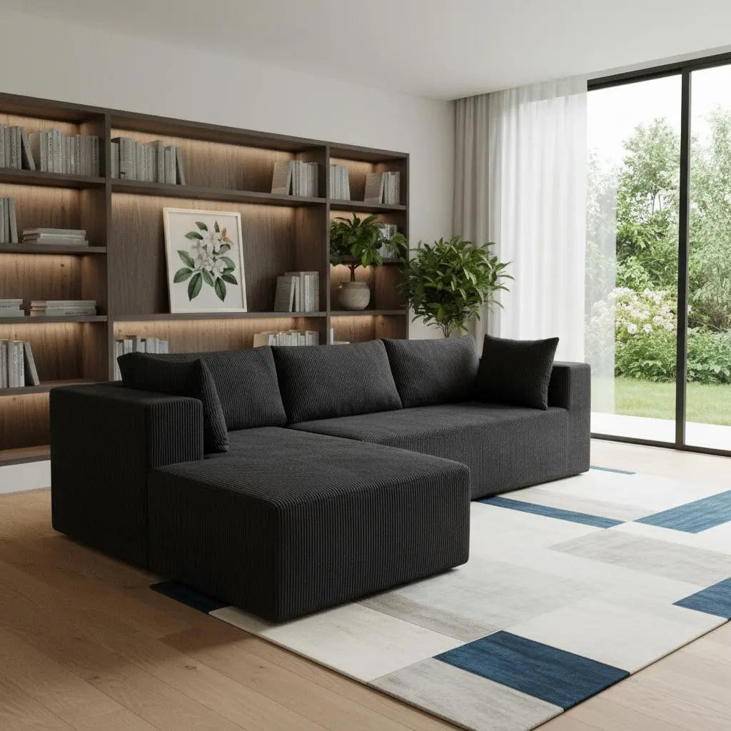 105" Black Corduroy Modular Left Chaise Style Sofa With Toss Pillows Homeroots Living Room