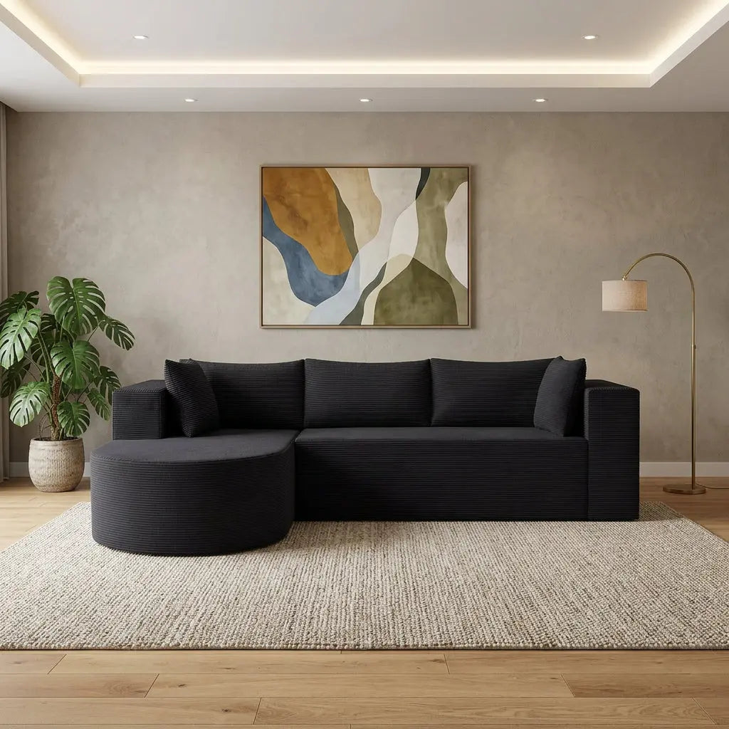 105" Black Corduroy Modular Left Rounded Chaise Style Sofa With Toss Pillows Homeroots Living Room