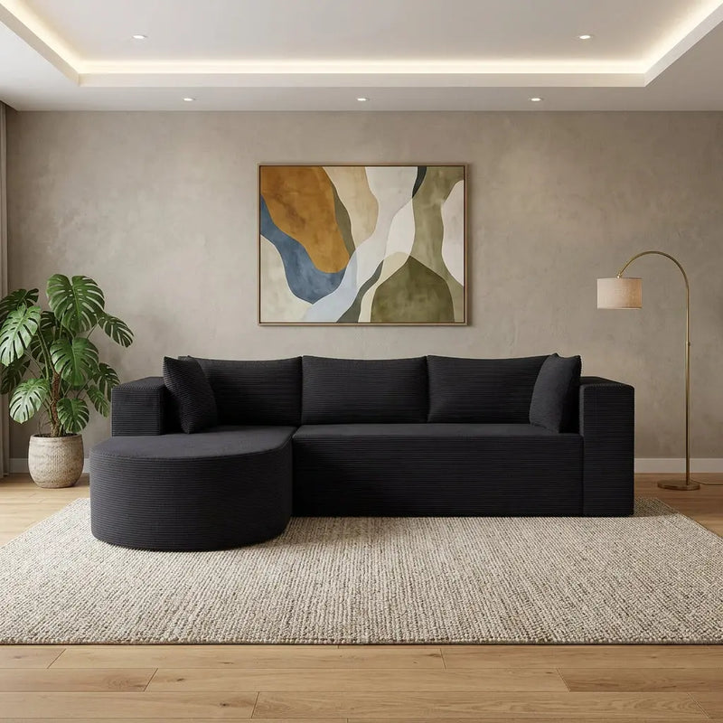 105" Black Corduroy Modular Left Rounded Chaise Style Sofa With Toss Pillows Homeroots Living Room