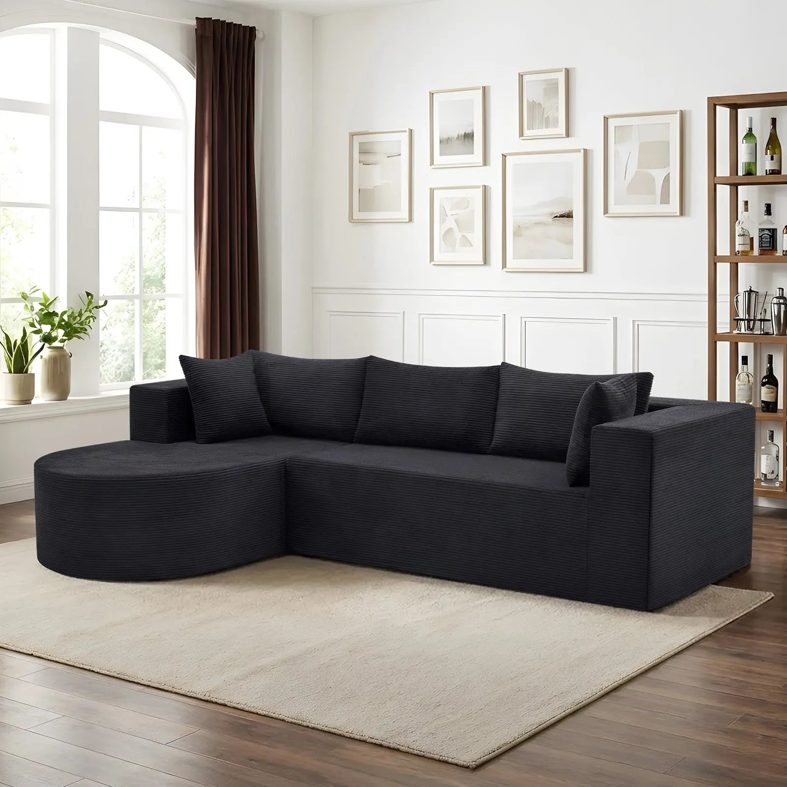 105" Black Corduroy Modular Left Rounded Chaise Style Sofa With Toss Pillows Homeroots Living Room