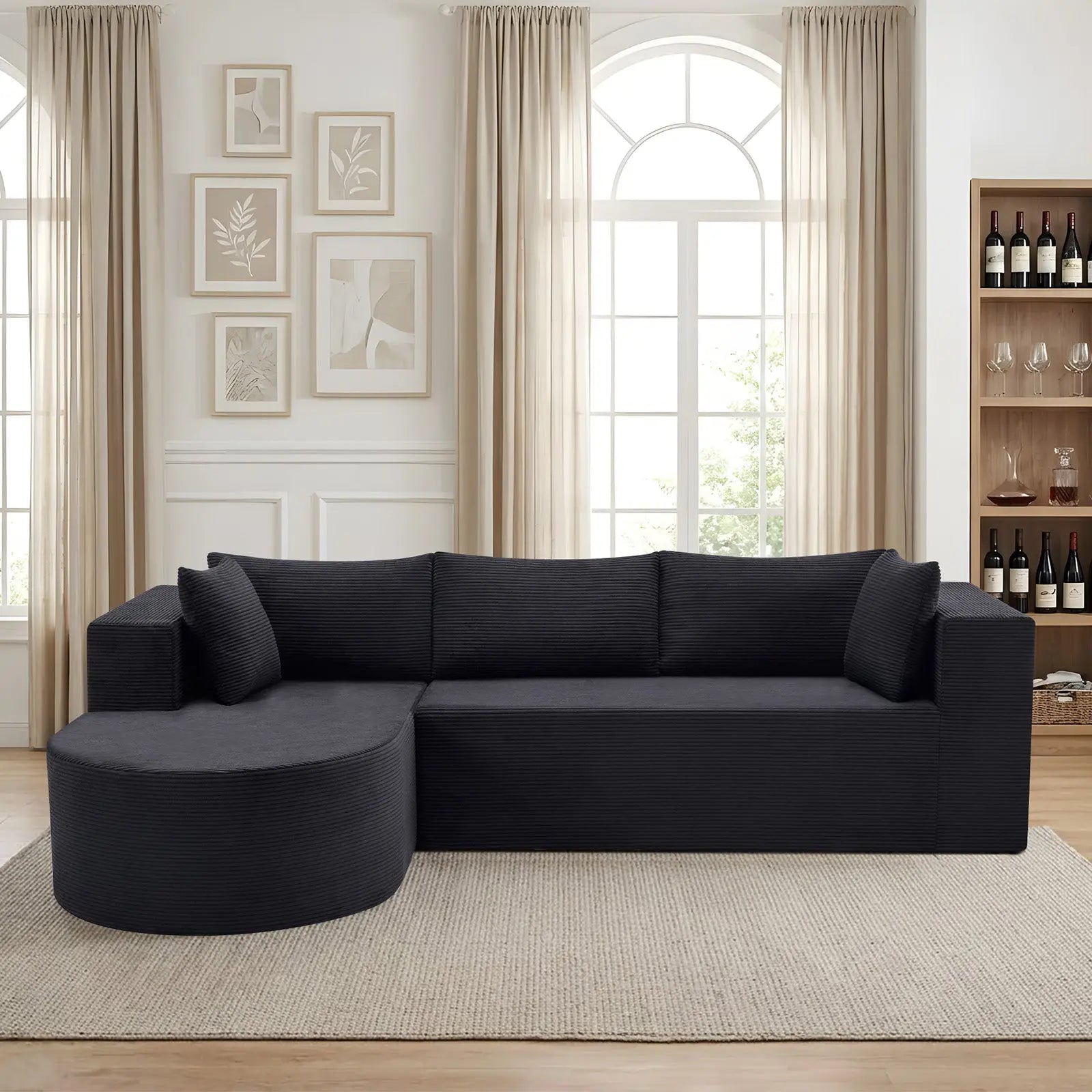 105" Black Corduroy Modular Left Rounded Chaise Style Sofa With Toss Pillows Homeroots Living Room