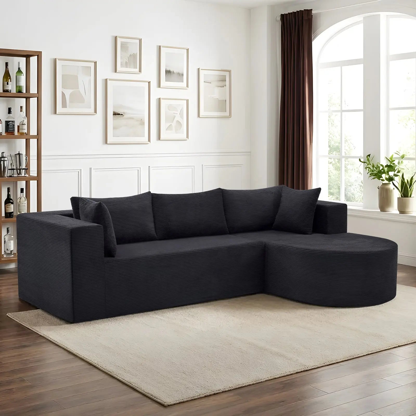 105" Black Corduroy Modular Right Rounded Chaise Style Sofa With Toss Pillows Homeroots Living Room