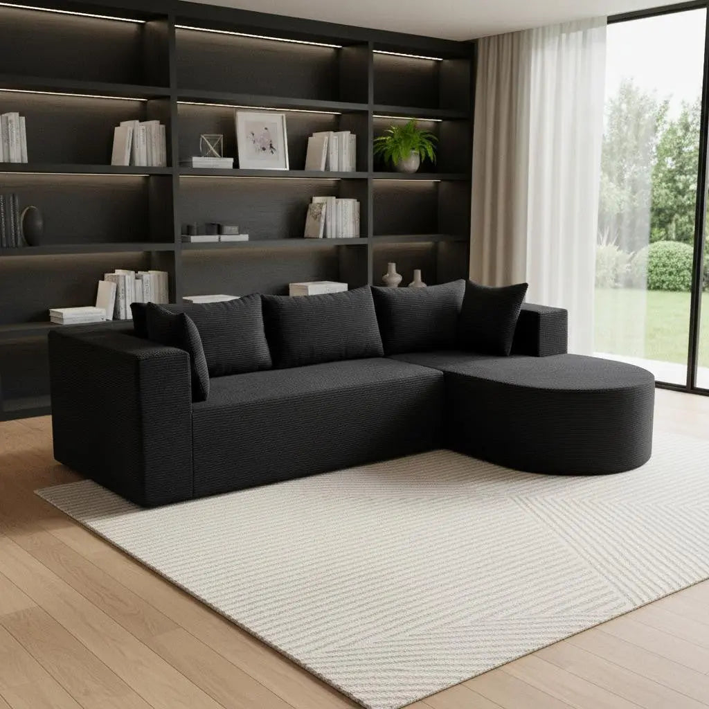105" Black Corduroy Modular Right Rounded Chaise Style Sofa With Toss Pillows Homeroots Living Room