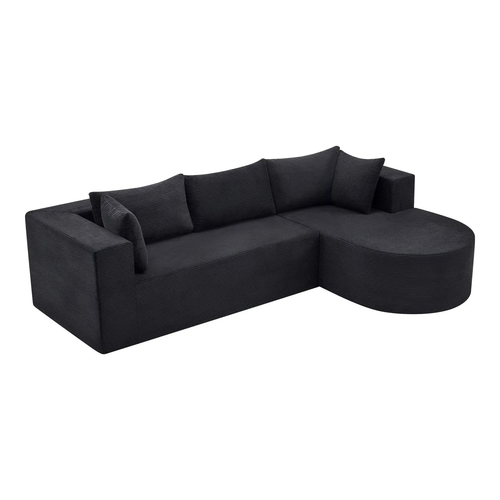105" Black Corduroy Modular Right Rounded Chaise Style Sofa With Toss Pillows Homeroots Living Room