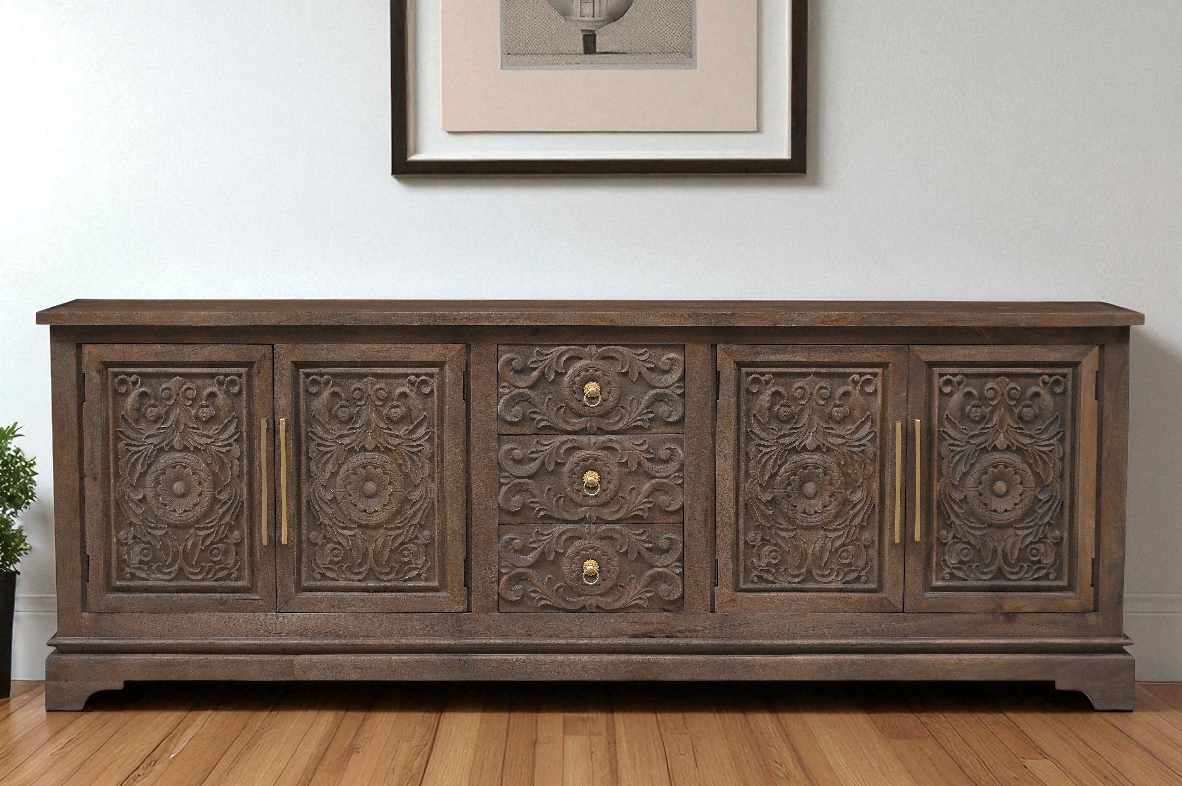 106" Brown Distressed Solid Wood Carved Floral Three Drawer Sideboard with Four Doors Homeroots Kitchen & Dining