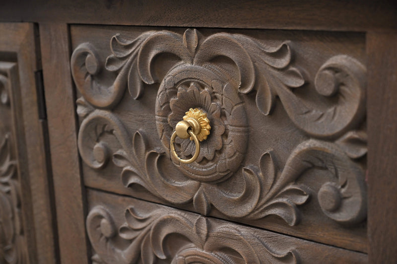 106" Brown Distressed Solid Wood Carved Floral Three Drawer Sideboard with Four Doors Homeroots Kitchen & Dining