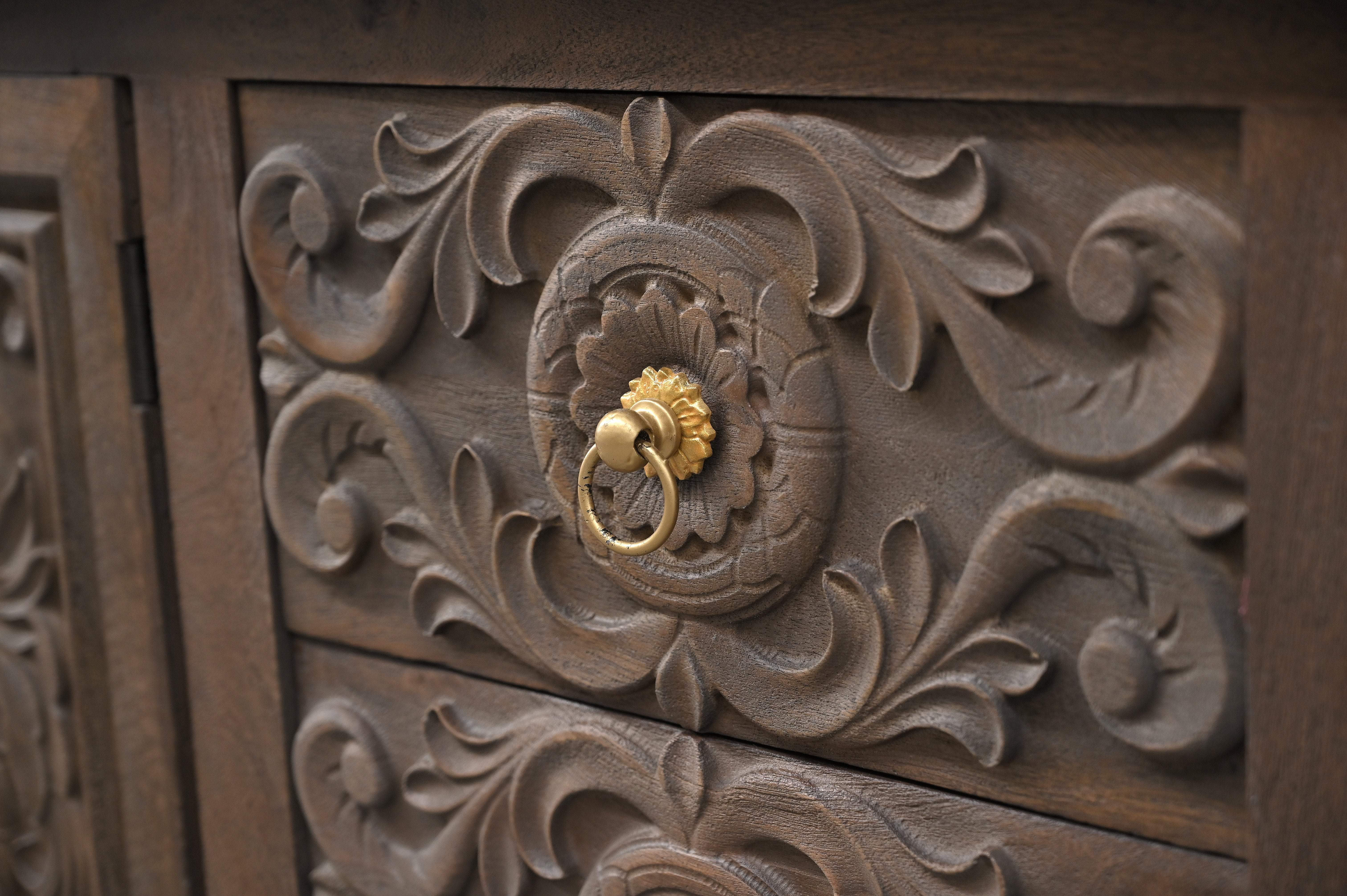 106" Brown Distressed Solid Wood Carved Floral Three Drawer Sideboard with Four Doors Homeroots Kitchen & Dining