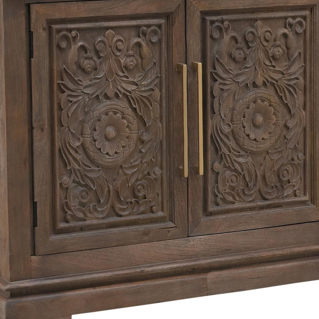 106" Brown Distressed Solid Wood Carved Floral Three Drawer Sideboard with Four Doors Homeroots Kitchen & Dining