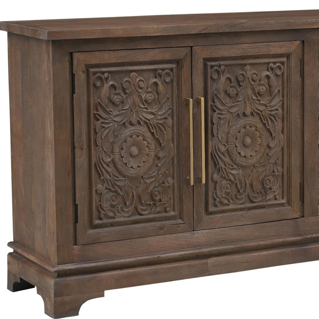 106" Brown Distressed Solid Wood Carved Floral Three Drawer Sideboard with Four Doors Homeroots Kitchen & Dining