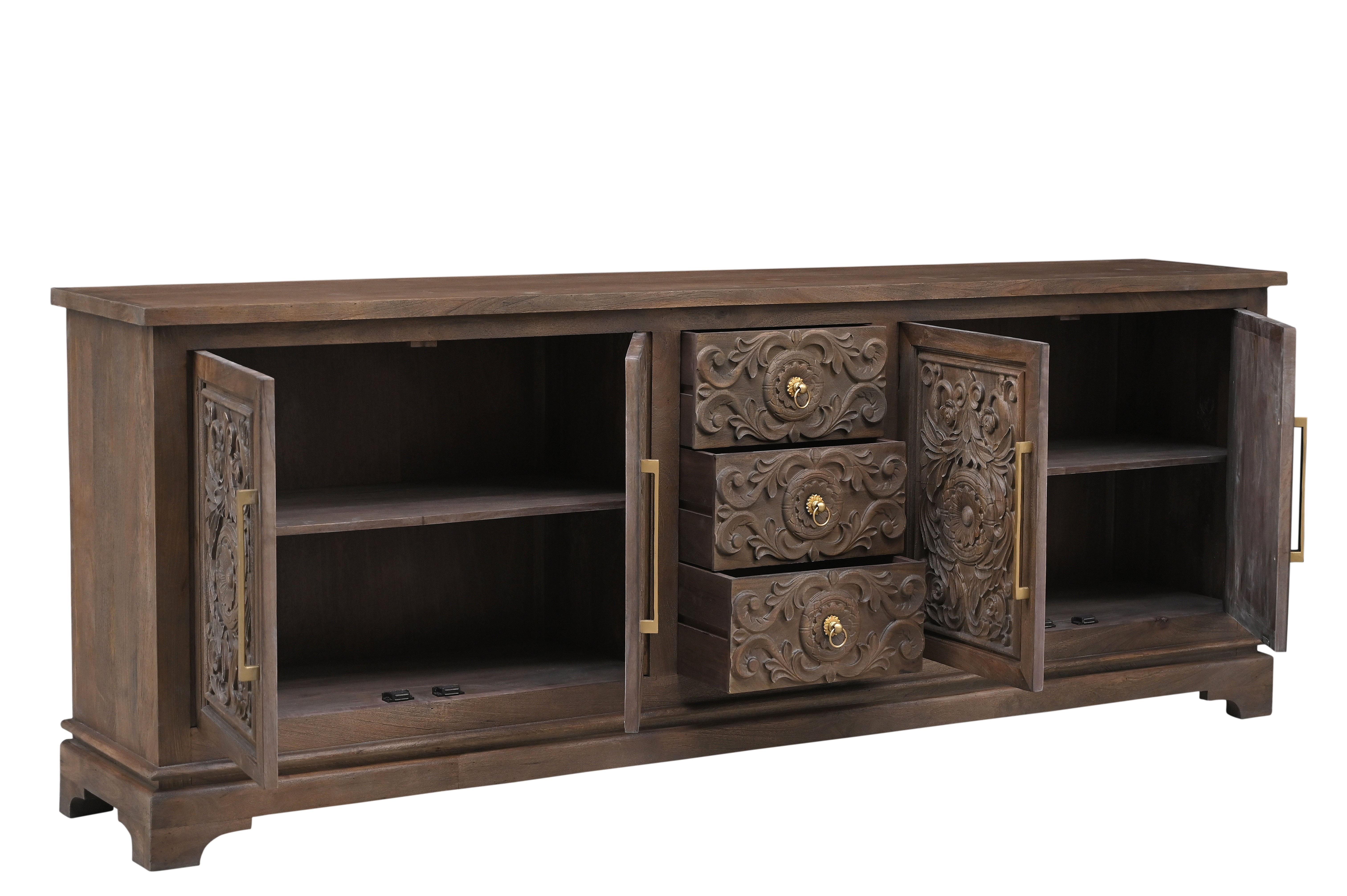 106" Brown Distressed Solid Wood Carved Floral Three Drawer Sideboard with Four Doors Homeroots Kitchen & Dining
