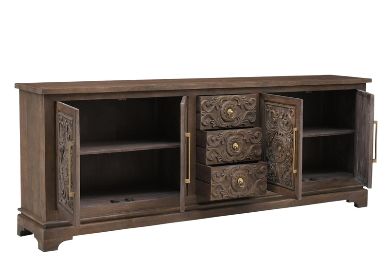106" Brown Distressed Solid Wood Carved Floral Three Drawer Sideboard with Four Doors Homeroots Kitchen & Dining