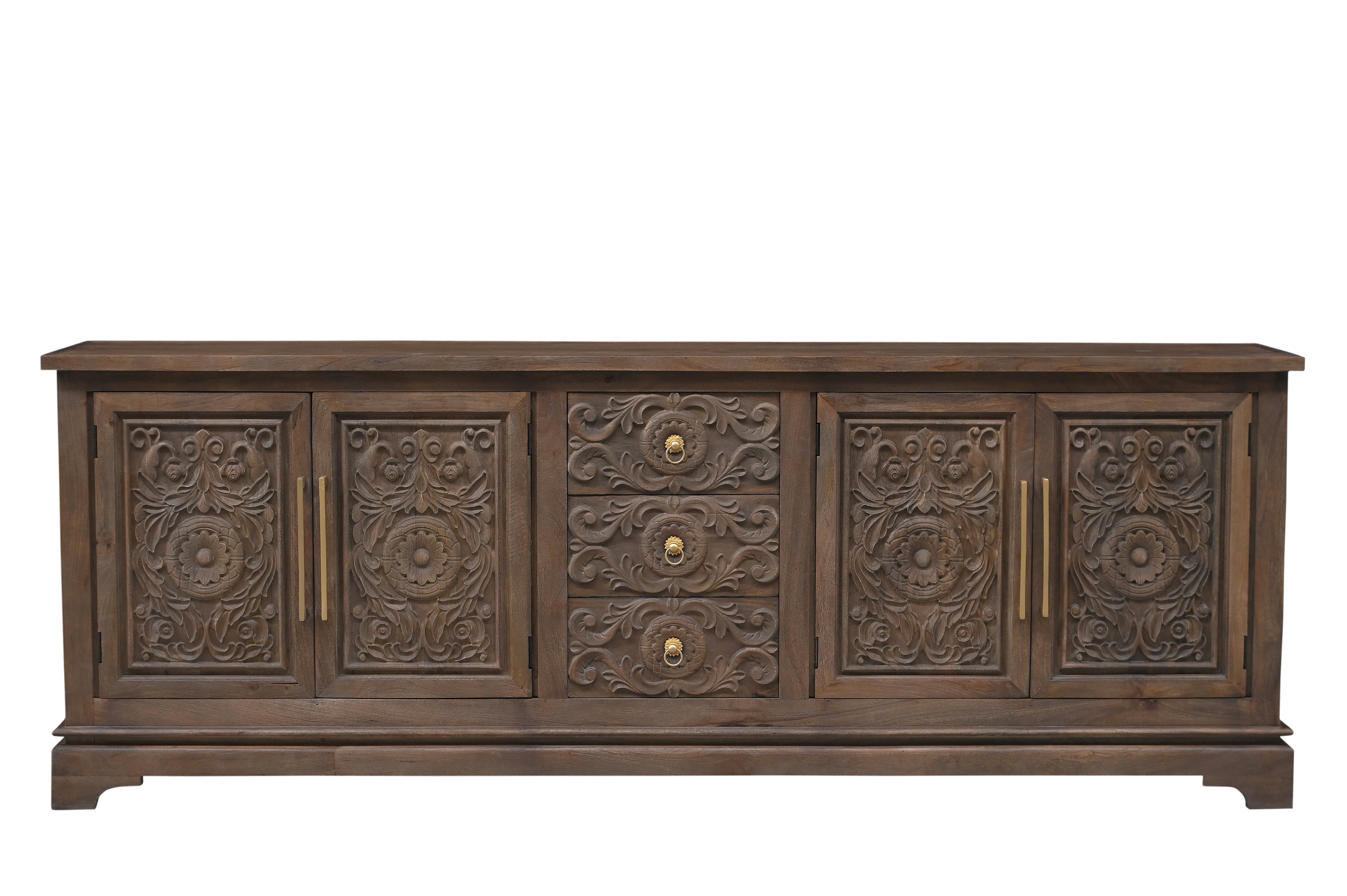 106" Brown Distressed Solid Wood Carved Floral Three Drawer Sideboard with Four Doors Homeroots Kitchen & Dining