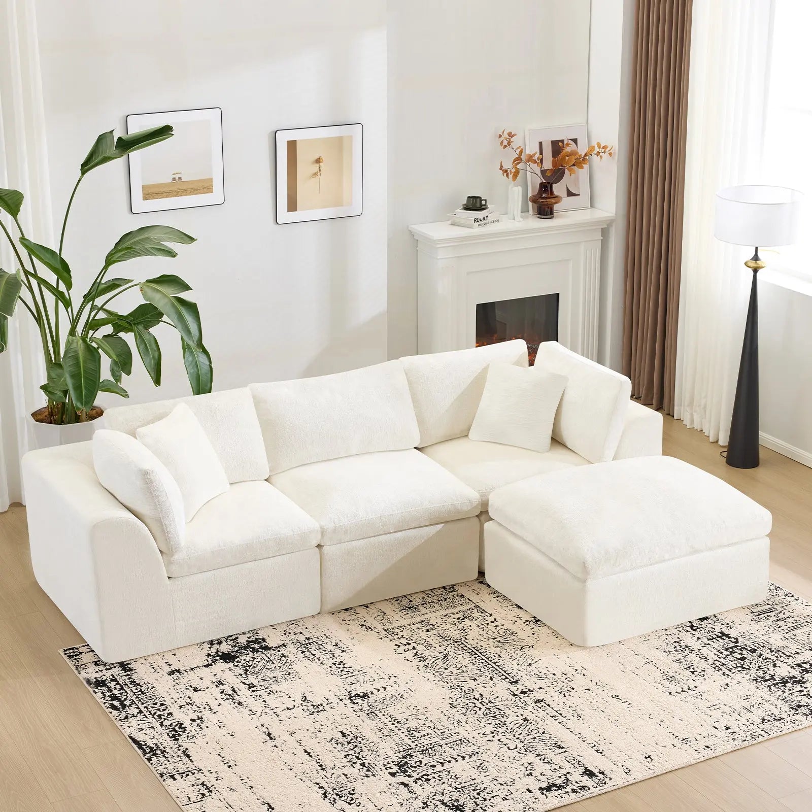 108" Beige Chenille Modular Sofa With Ottoman And Toss Pillows Homeroots Living Room