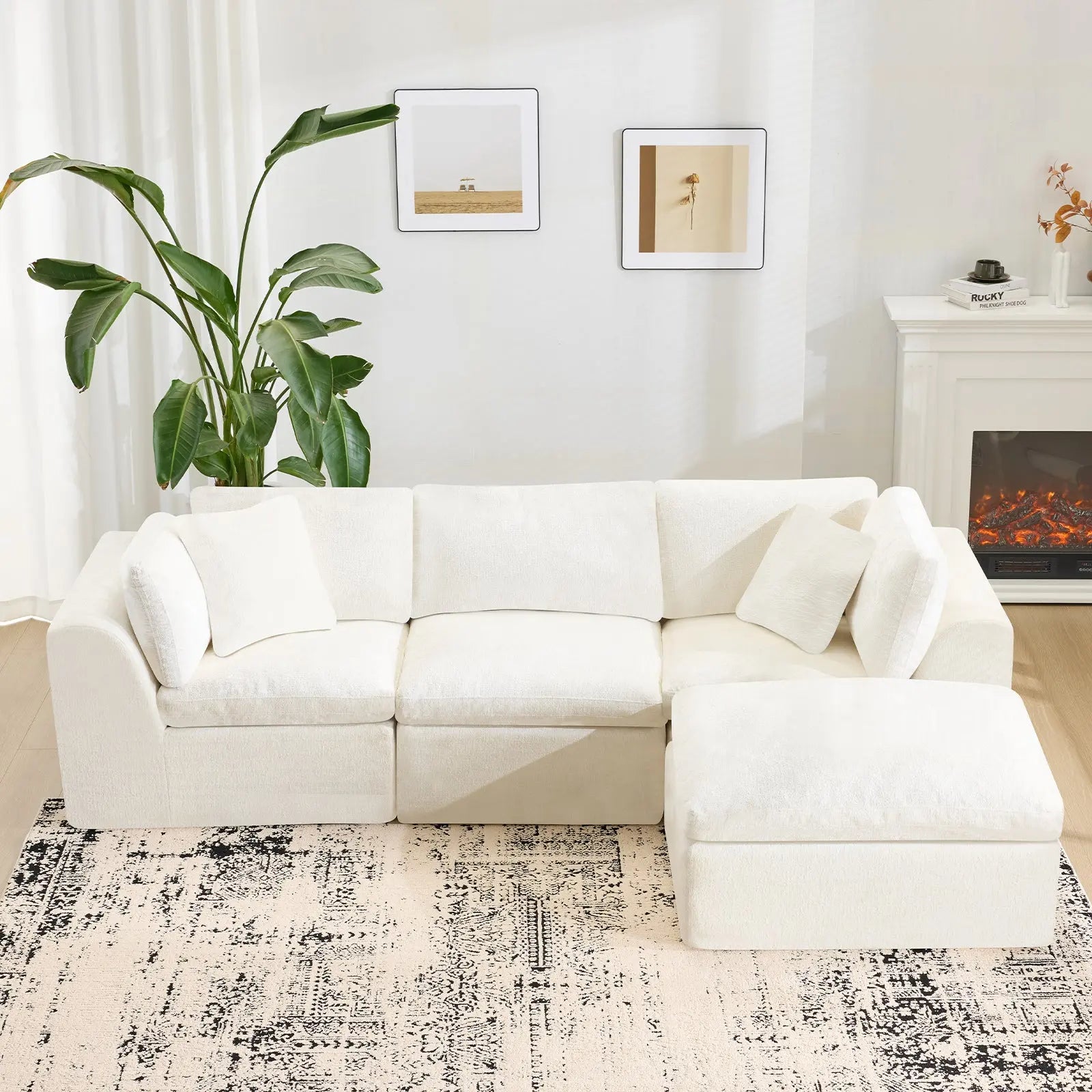 108" Beige Chenille Modular Sofa With Ottoman And Toss Pillows Homeroots Living Room