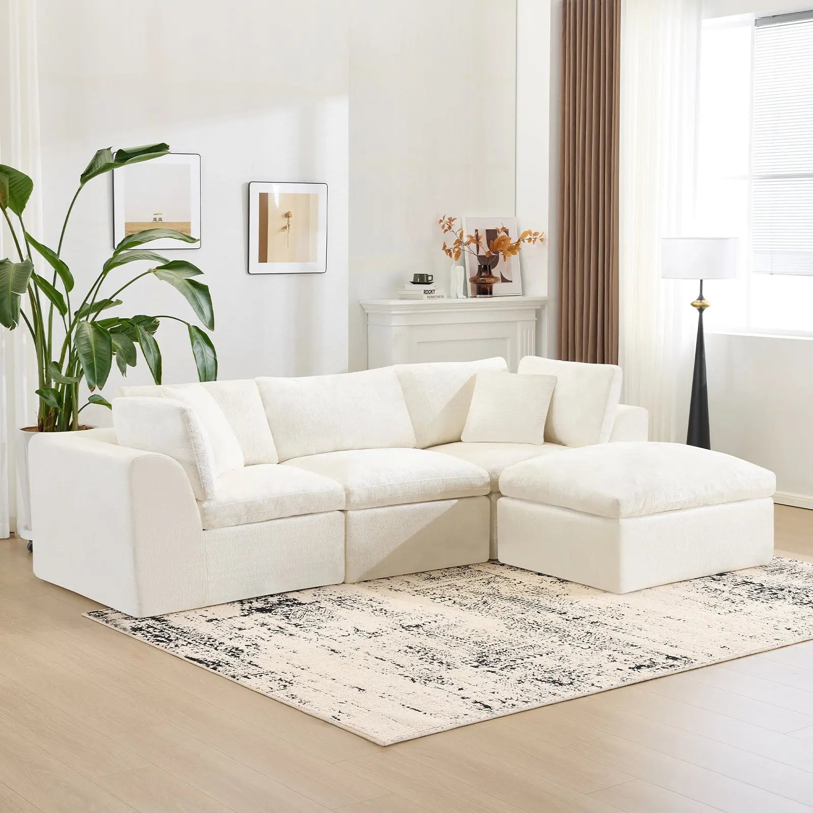 108" Beige Chenille Modular Sofa With Ottoman And Toss Pillows Homeroots Living Room