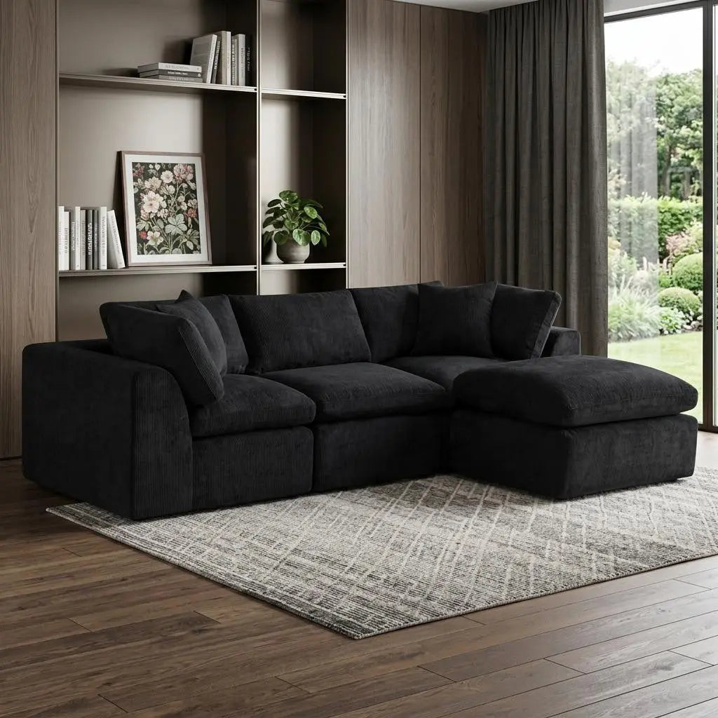 108" Black Chenille Modular Sofa With Ottoman And Toss Pillows Homeroots Living Room