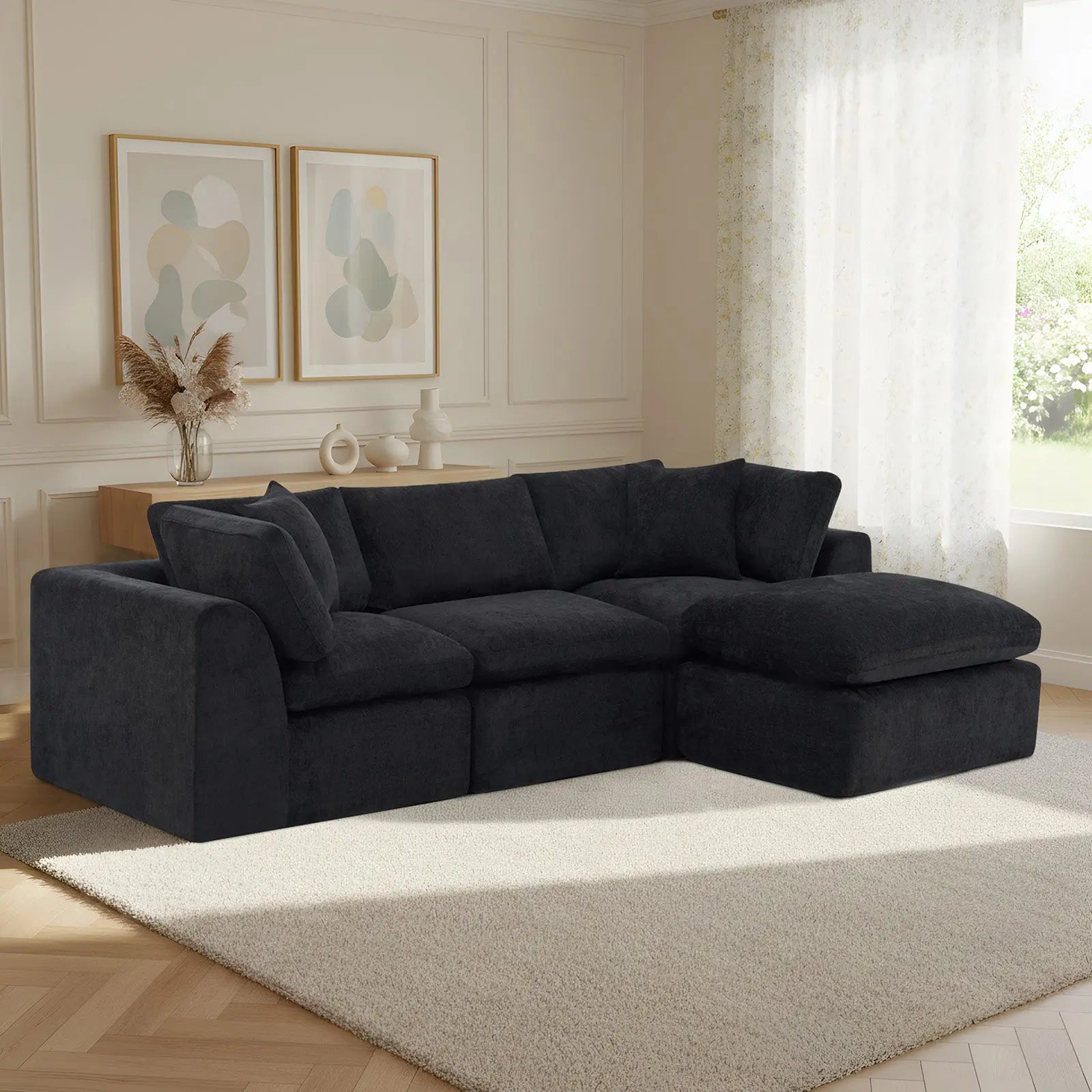 108" Black Chenille Modular Sofa With Ottoman And Toss Pillows Homeroots Living Room