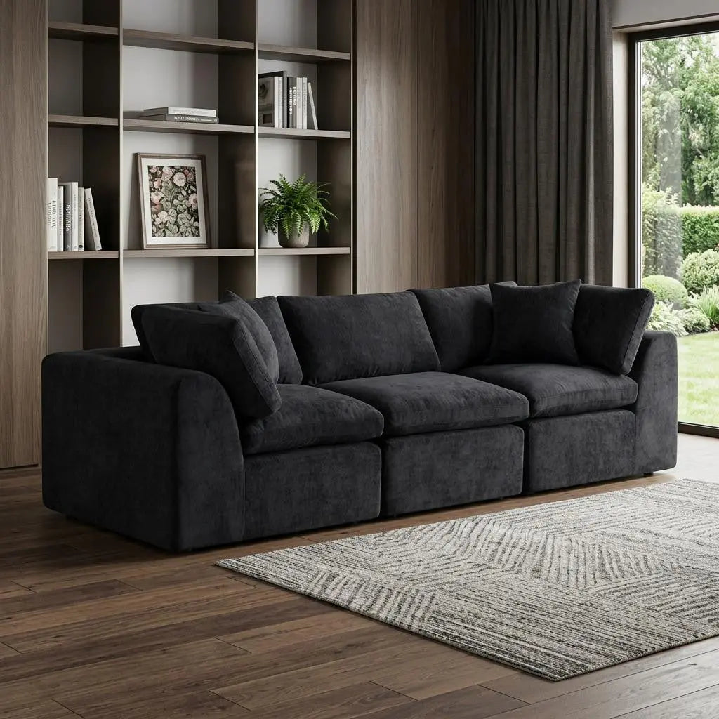 108" Black Chenille Modular Sofa With Toss Pillows Homeroots Living Room