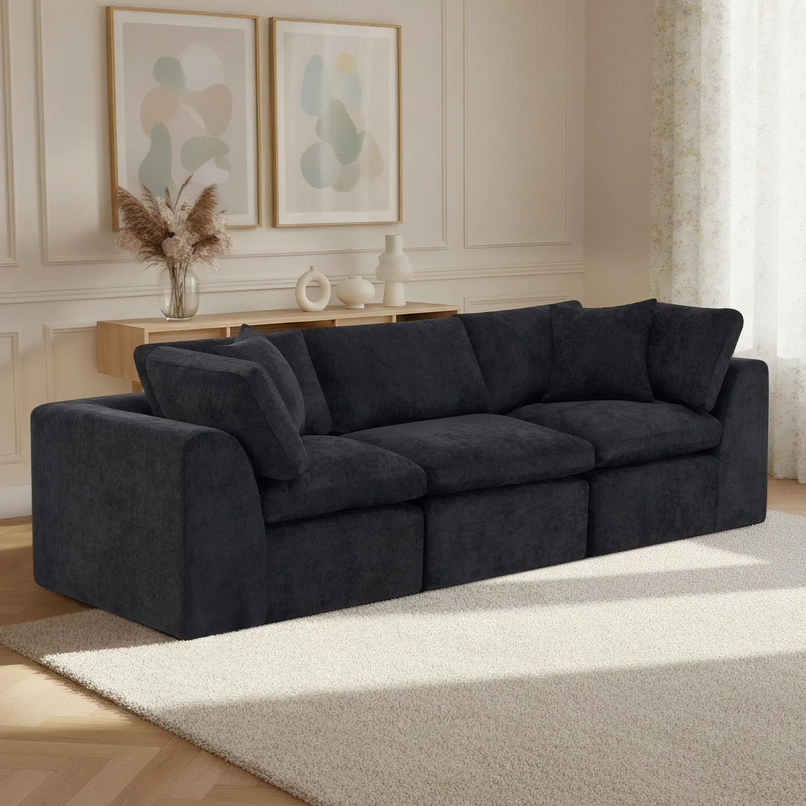 108" Black Chenille Modular Sofa With Toss Pillows Homeroots Living Room