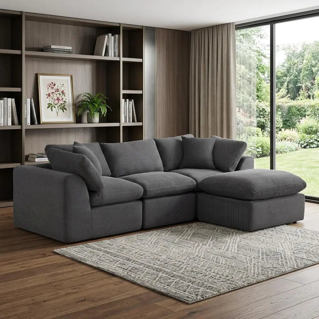108" Dark Gray Corduroy Modular Sofa With Ottoman And Toss Pillows Homeroots Living Room