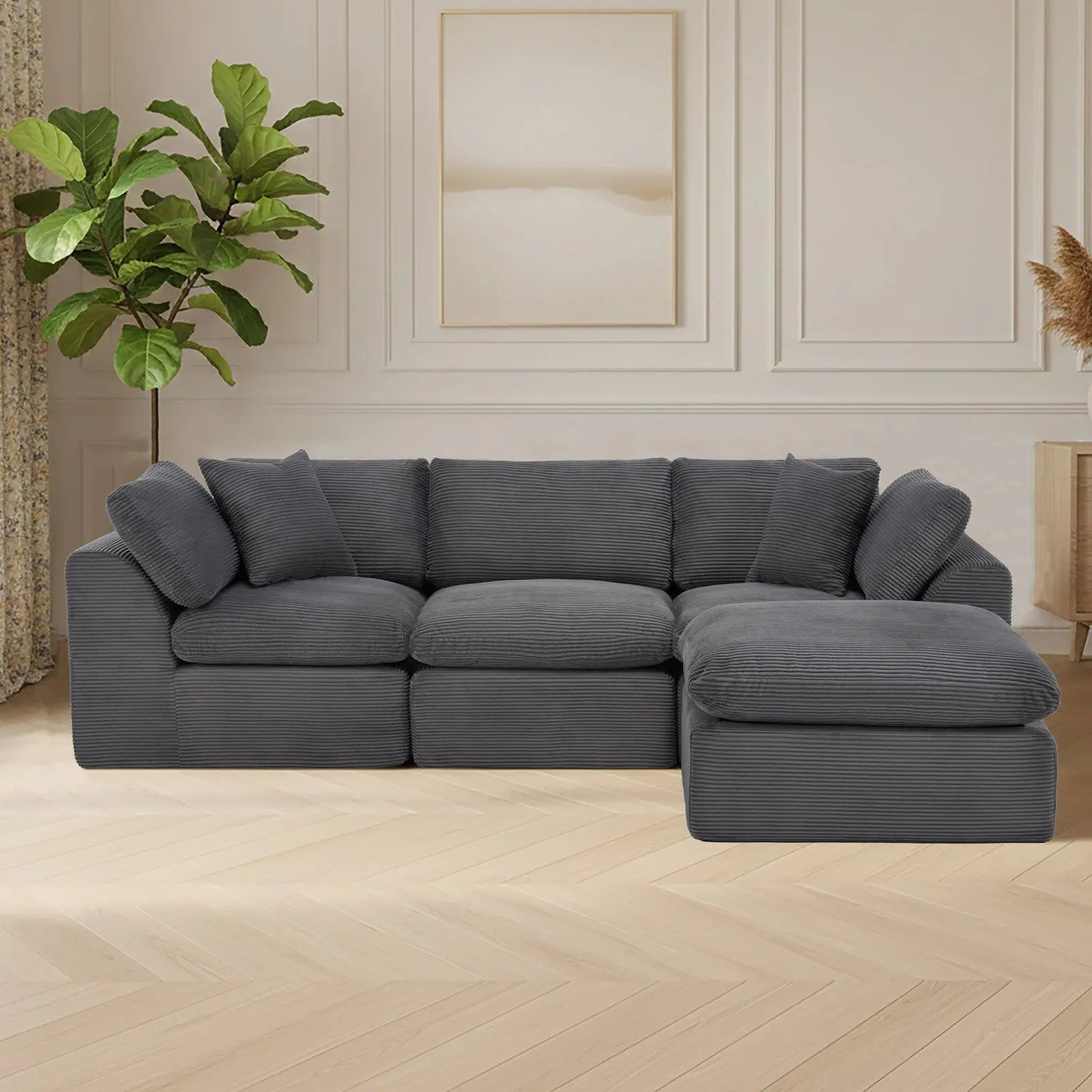 108" Dark Gray Corduroy Modular Sofa With Ottoman And Toss Pillows Homeroots Living Room