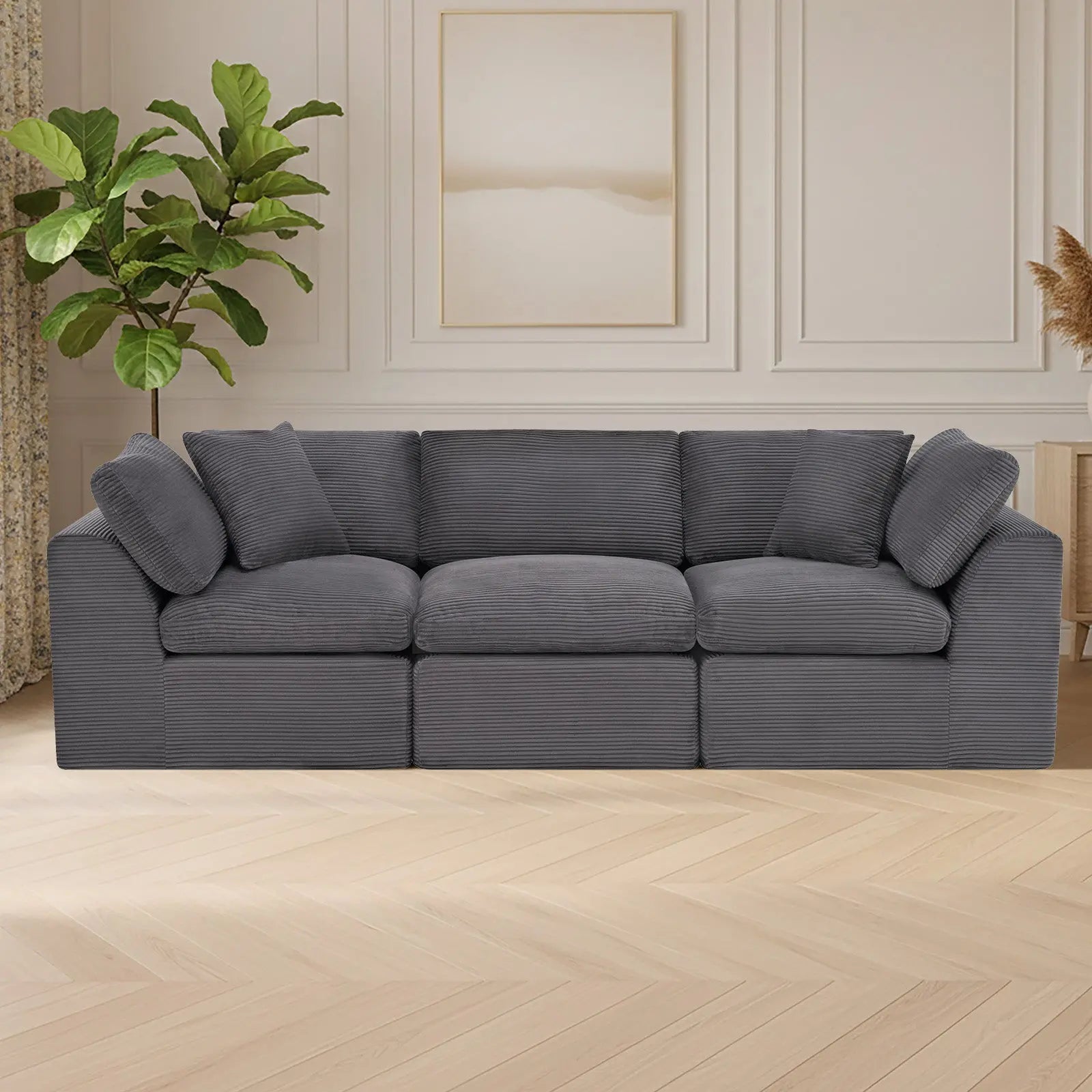 108" Dark Gray Corduroy Modular Sofa With Toss Pillows Homeroots Living Room