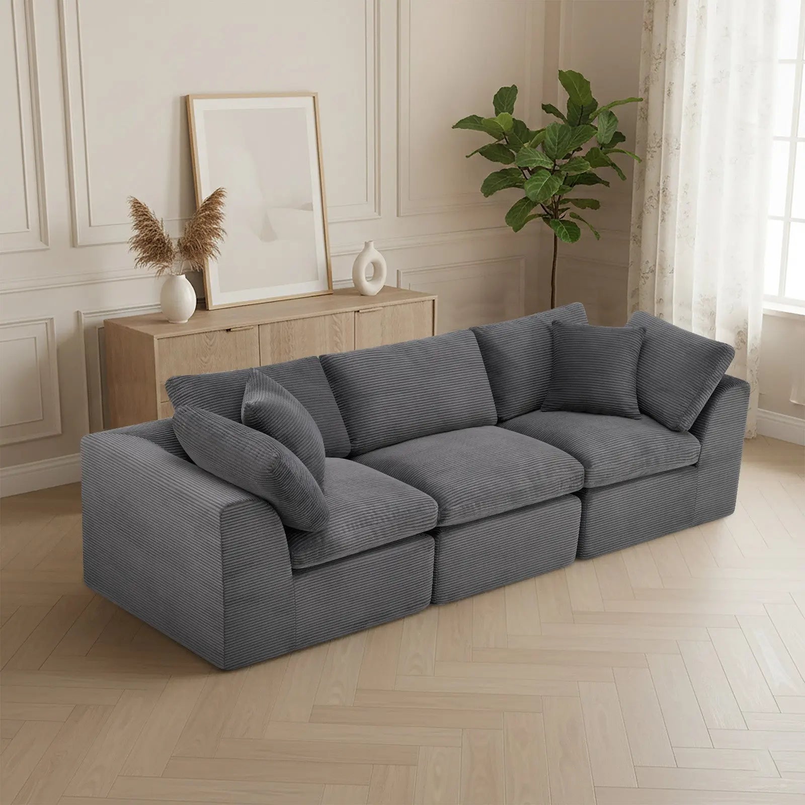 108" Dark Gray Corduroy Modular Sofa With Toss Pillows Homeroots Living Room