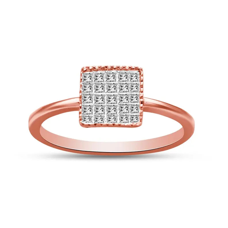 10K Rose Gold 1/3 Cttw Invisible Set Princess Cut Diamond Composite Square Shape Ring for Women (H-I color, I1-I2 clarity) Luxcom