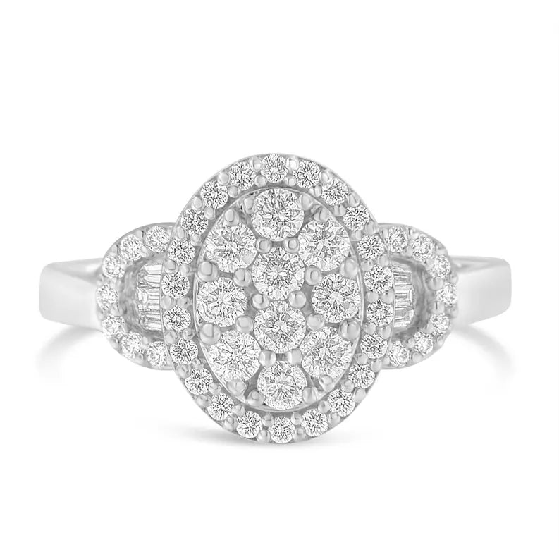 10K White Gold 1.0 Cttw Diamond Oval Cluster with Halo Vintage-Inspired Art Deco Buckle Style Statement Ring (G-H Color, SI1-SI2 Clarity) Luxcom