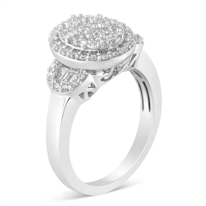 10K White Gold 1.0 Cttw Diamond Oval Cluster with Halo Vintage-Inspired Art Deco Buckle Style Statement Ring (G-H Color, SI1-SI2 Clarity) Luxcom