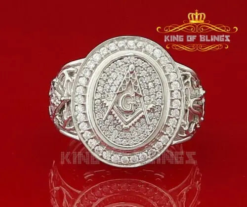 10K White Gold Finish Masonic Silver Ring Size 10 with Lab Created Diamonds King Of Bling