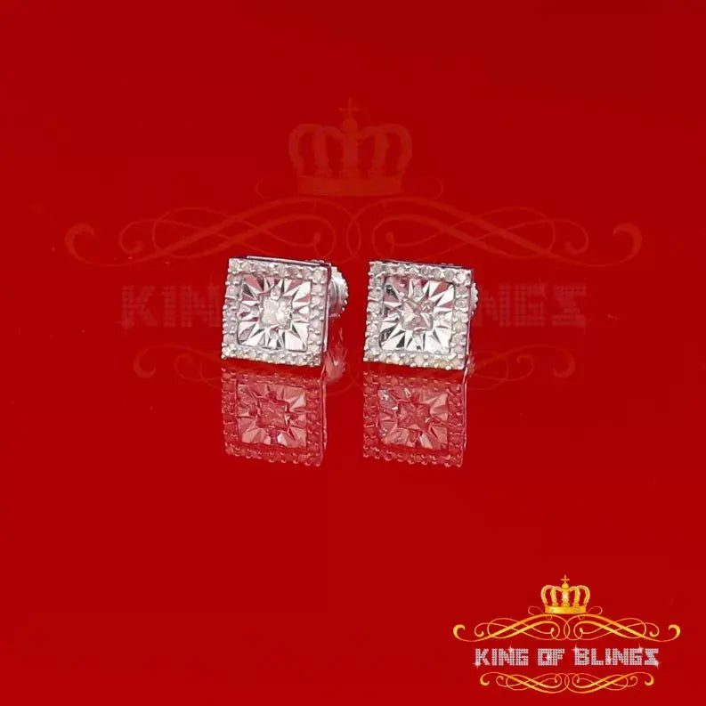10K White Gold Finish Silver With Real CT Diamonds Men's Square Stud Earrings King Of Bling