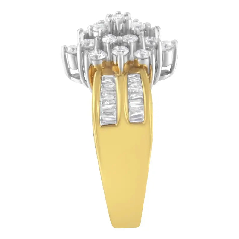 10K Yellow Gold 1.0 Cttw Round & Baguette Cut Diamond Floral Cluster Double-Channel Flared Band Statement Ring (H-I Color, SI2-I1 Clarity) Luxcom