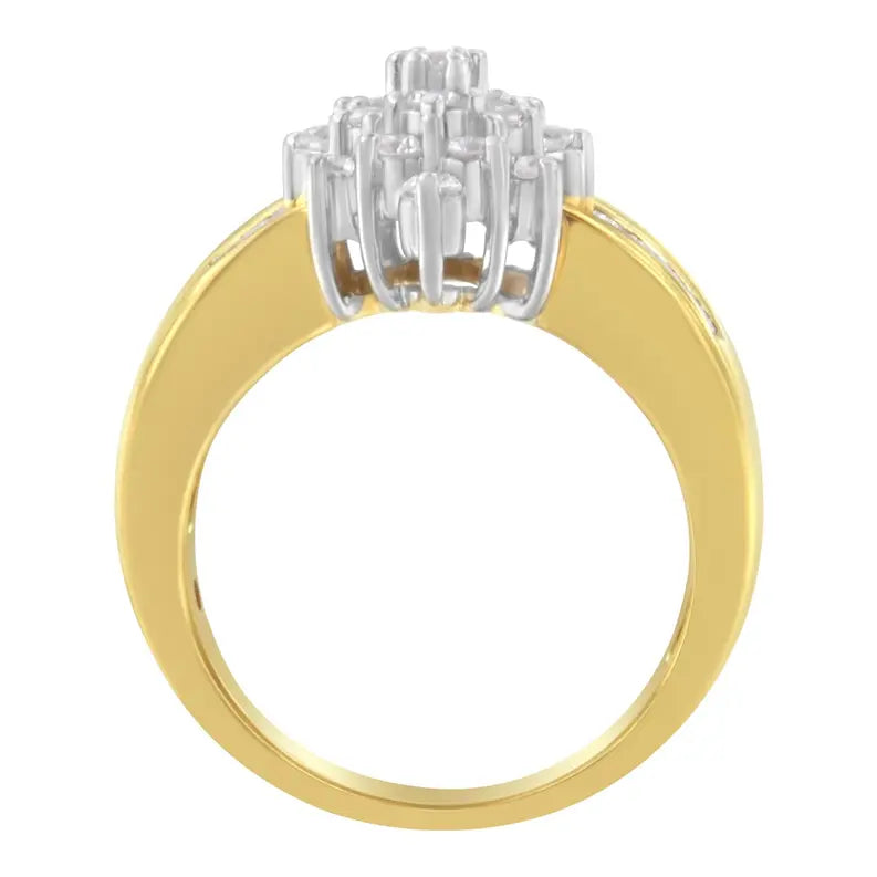 10K Yellow Gold 1.0 Cttw Round & Baguette Cut Diamond Floral Cluster Double-Channel Flared Band Statement Ring (H-I Color, SI2-I1 Clarity) Luxcom