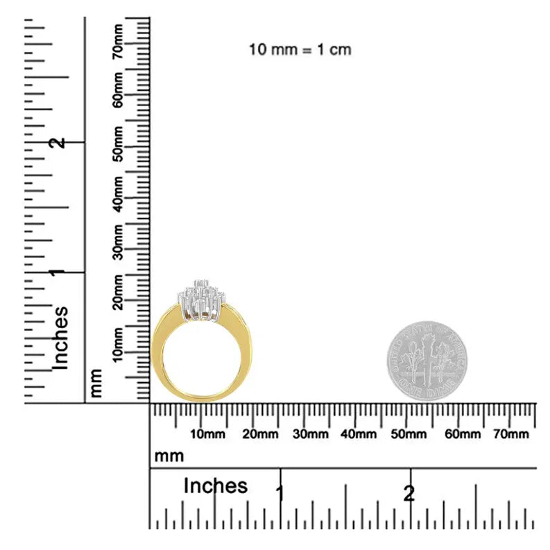 10K Yellow Gold 1.0 Cttw Round & Baguette Cut Diamond Floral Cluster Double-Channel Flared Band Statement Ring (H-I Color, SI2-I1 Clarity) Luxcom