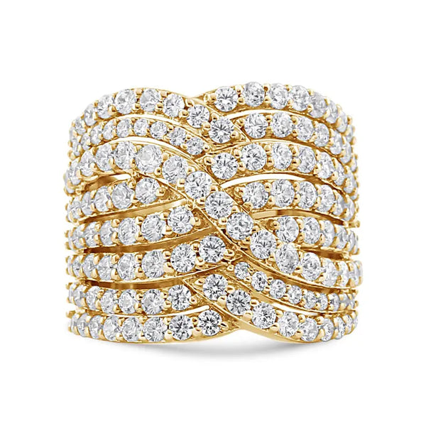 10K Yellow Gold 3.0 Cttw Diamond Eight-Row Bypass Crossover Statement Band Ring (H-I Color, I2-I3 Clarity) Luxcom
