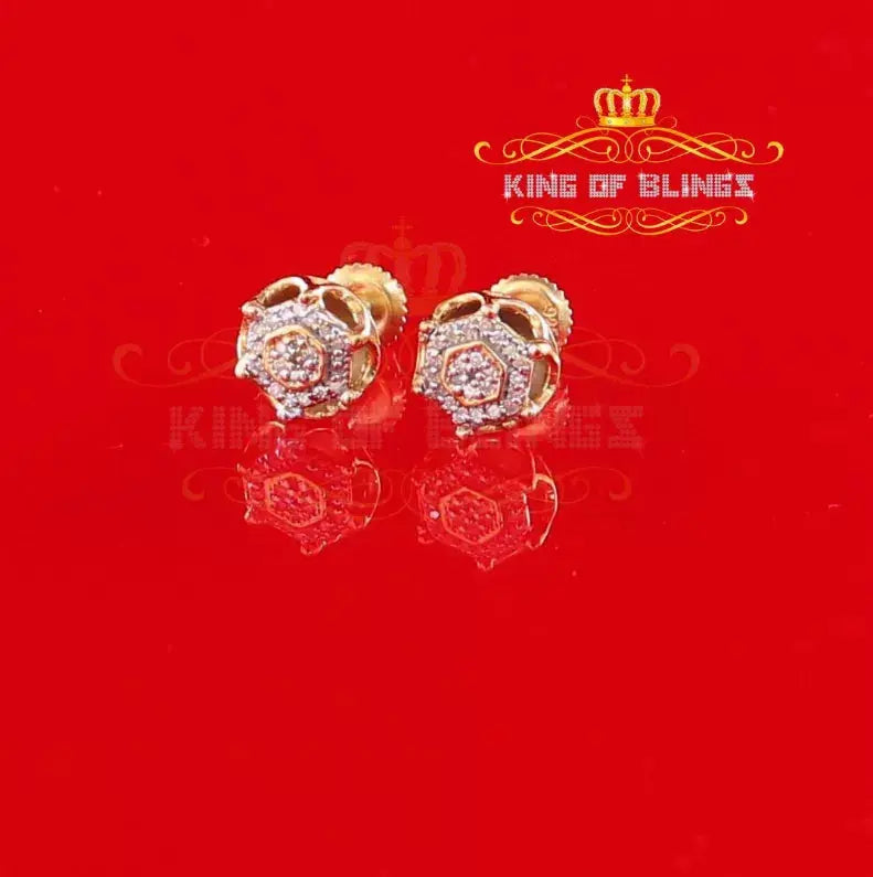 10K Yellow Gold Finish Silver Real Diamond 0.10CT Men's Stud Micro Earrings King Of Bling