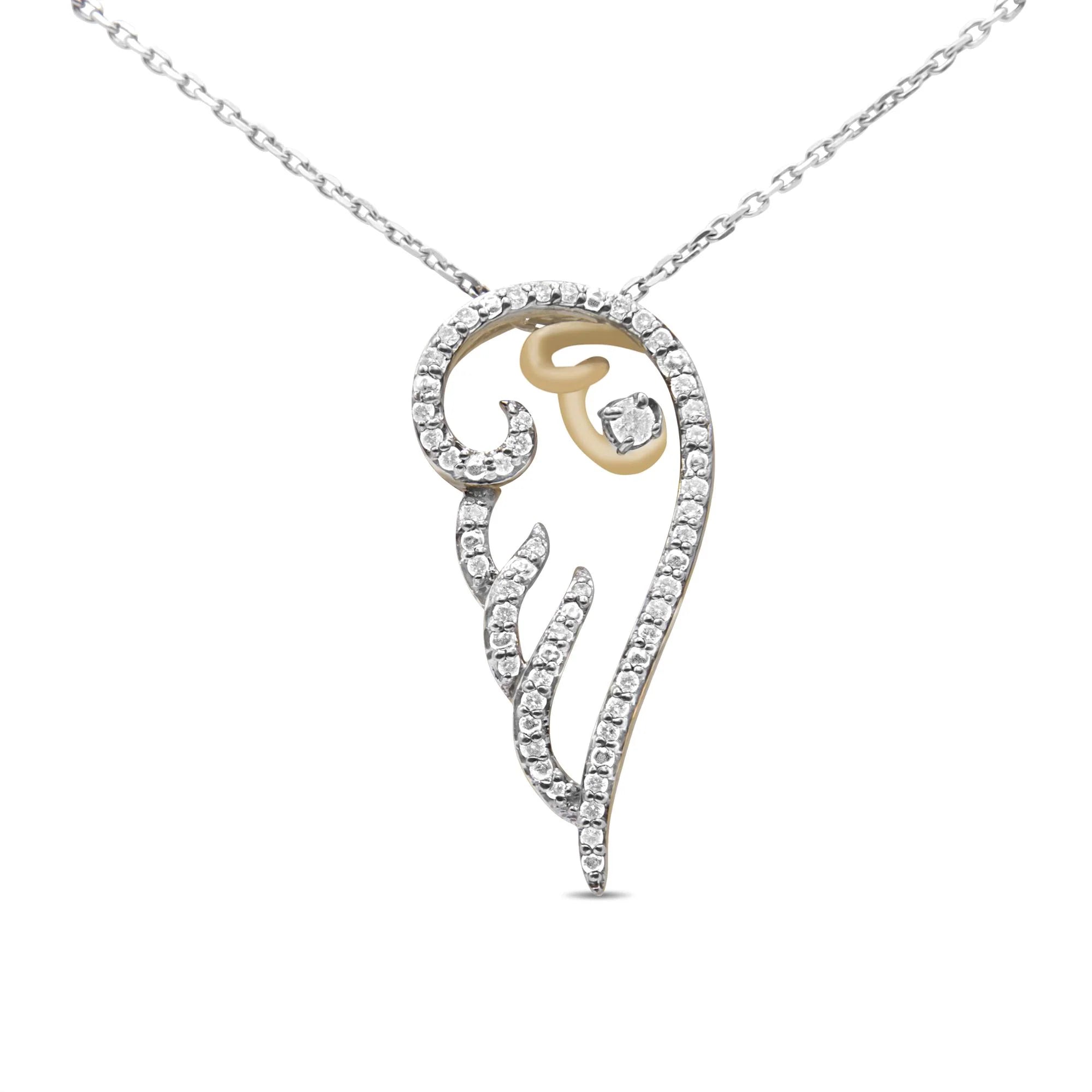 10K Yellow Gold over .925 Sterling Silver 1/4 Cttw Diamond Angel Wing 18" Pendant Necklace (H-I Color, I1-I2 Clarity) Infinite Jewels