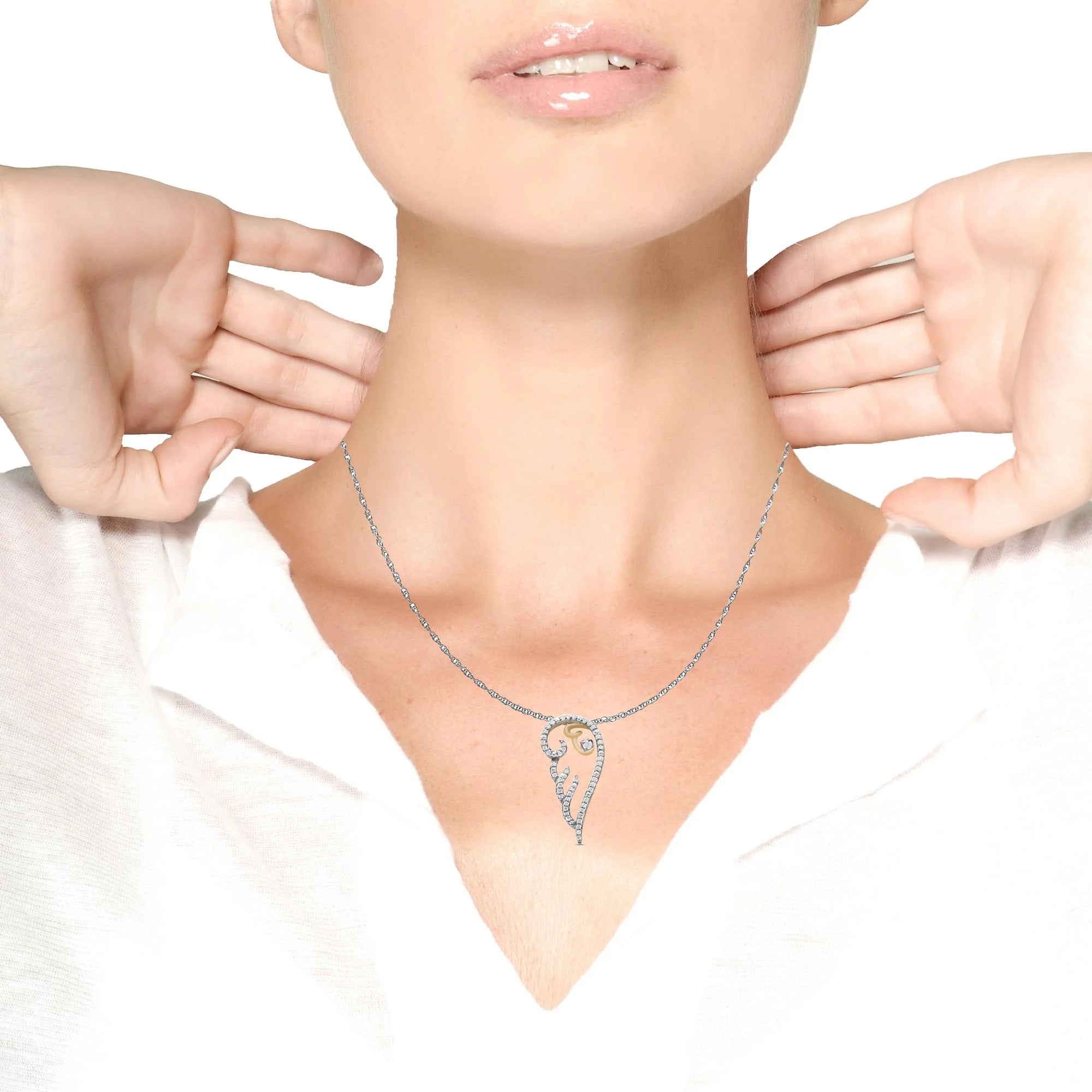 10K Yellow Gold over .925 Sterling Silver 1/4 Cttw Diamond Angel Wing 18" Pendant Necklace (H-I Color, I1-I2 Clarity) Infinite Jewels