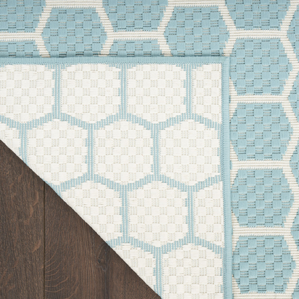 10' Aqua And White Geometric Indoor Outdoor Runner Rug Homeroots Outdoor
