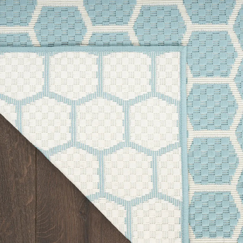10' Aqua And White Geometric Indoor Outdoor Runner Rug Homeroots Outdoor