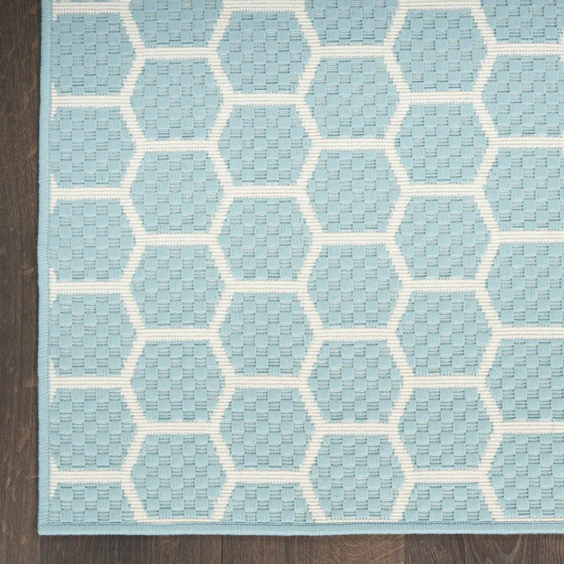 10' Aqua And White Geometric Indoor Outdoor Runner Rug Homeroots Outdoor
