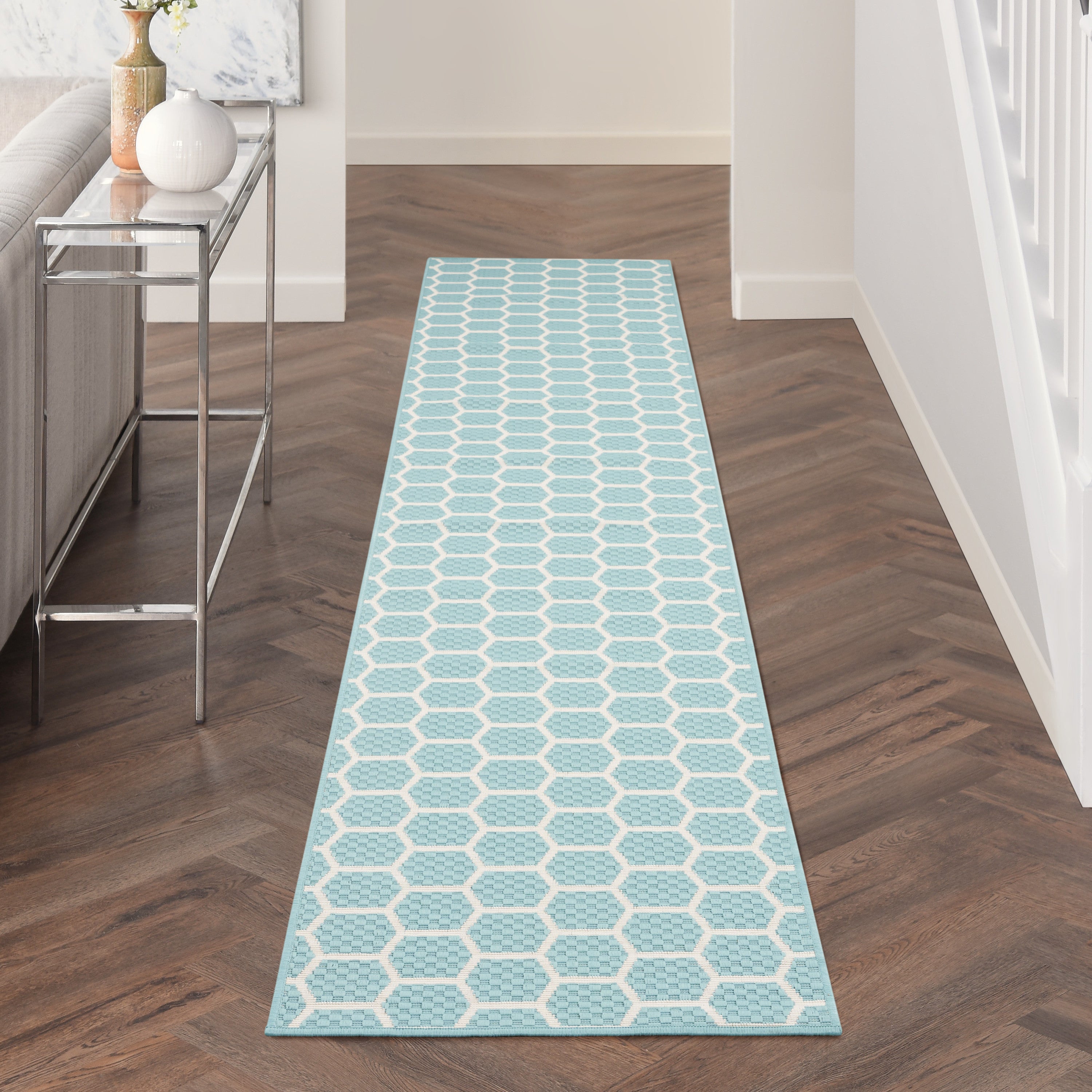 10' Aqua And White Geometric Indoor Outdoor Runner Rug Homeroots Outdoor